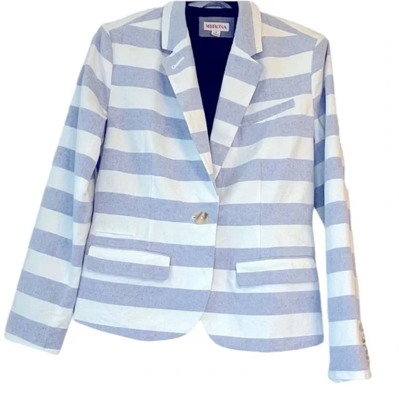 Merona Lined Chambray Blue and White Stripe Cotton Button Blazer Size 10 - Picture 2 of 11